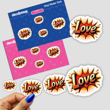 Love Valentine's Day sticker pack featuring vibrant comic book-style designs and playful text elements. Available as physical stickers or digital artwork, perfect for adding a unique touch to your collection.