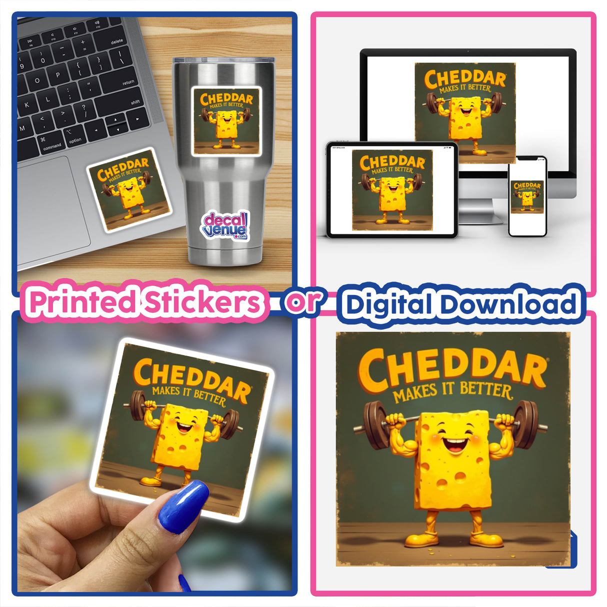Cheddar Makes It Better design featuring a cartoon cheese character lifting weights, available as fun stickers or digital artwork for food and cheese lovers.