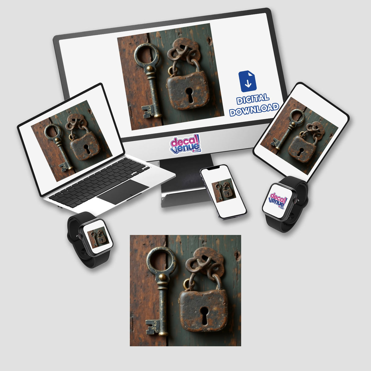 Old Key and Lock Dark Academia Sticker or Clipart with Commercial Rights Download, featuring a vintage key and lock on a laptop and computer screen. Available as stickers or digital artwork.