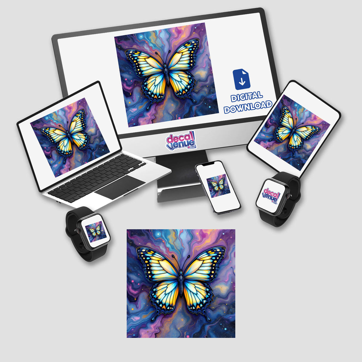 Butterfly Alcohol Ink Design displayed on a computer monitor, laptop, and other devices, showcasing vibrant butterfly imagery. Available as unique stickers or digital artwork from Decal Venue.