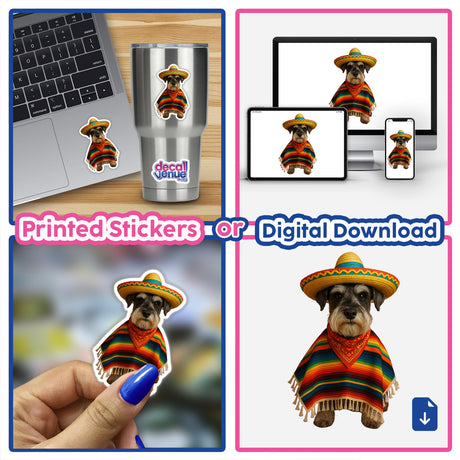 Cinco De Schnauzer sticker features a cartoon dog in a sombrero and poncho, embodying festive Cinco de Mayo spirit. Available as vinyl stickers or digital artwork from Decal Venue.