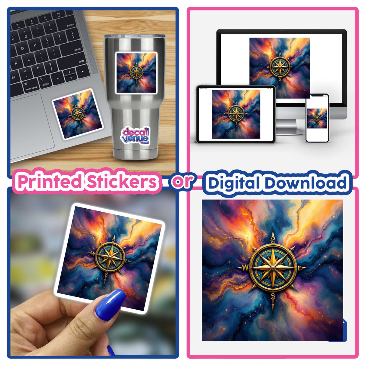 Compass Alcohol Ink Design displayed in a collage featuring a compass on a laptop, close-up details, and digital elements, available as unique stickers or digital artwork from Decal Venue.