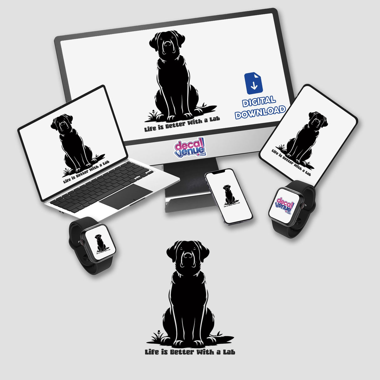 Life is Better with a Lab: A digital artwork featuring a playful black Labrador retriever displayed on a computer monitor and laptop, available as stickers or digital art from Decal Venue.