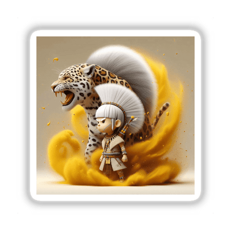 African Tribal Warrior cartoon character stands confidently next to a cheetah, available as unique vinyl stickers or digital artwork from Decal Venue, showcasing distinctive design elements.