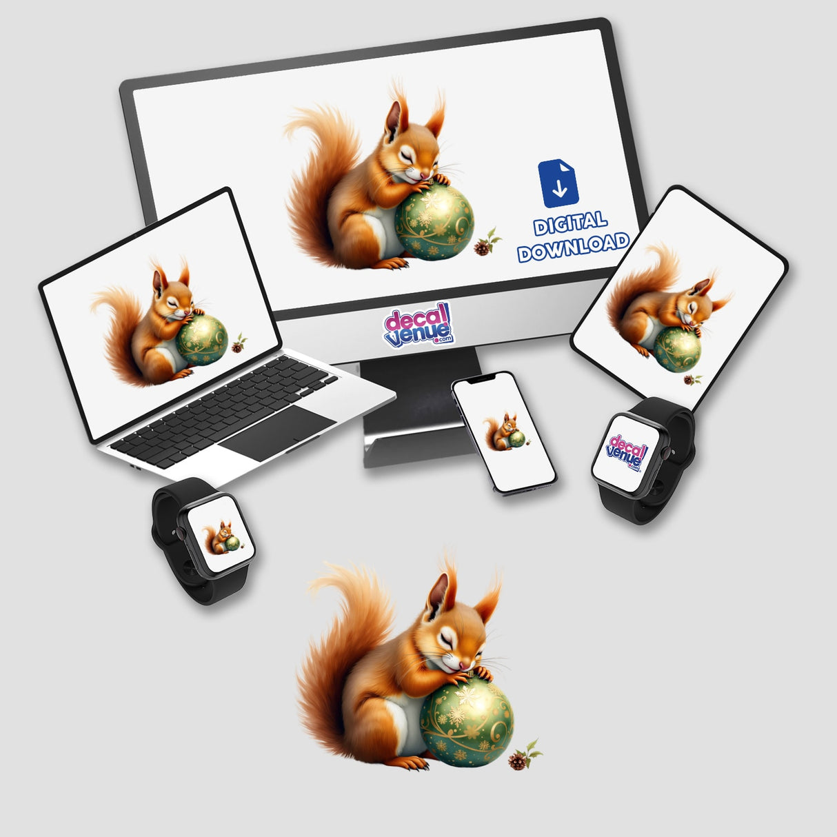 Squirrel Sleeping on Christmas Ornament depicted on a computer monitor and laptop screen, showcasing a whimsical sticker design available as part of Decal Venue's unique collection of stickers and digital artwork.