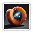 Galactic Orchard Nebula Inside a Peach, featuring a cosmic galaxy within a sliced peach, available as unique stickers or digital artwork from Decal Venue.