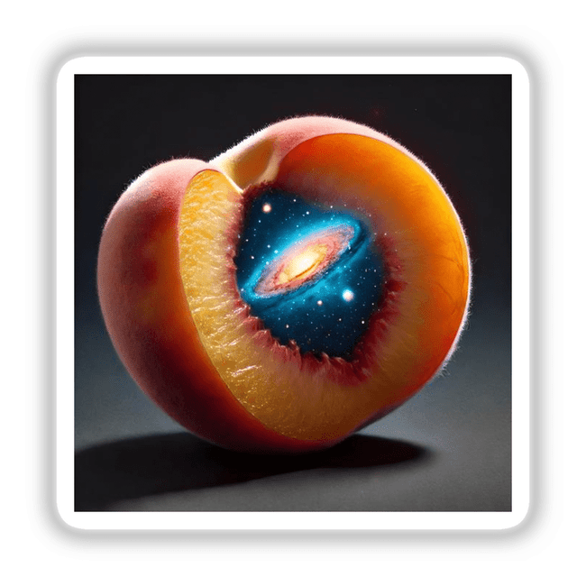 Galactic Orchard Nebula Inside a Peach, featuring a cosmic galaxy within a sliced peach, available as unique stickers or digital artwork from Decal Venue.