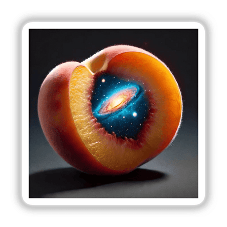 Galactic Orchard Nebula Inside a Peach, featuring a cosmic galaxy within a sliced peach, available as unique stickers or digital artwork from Decal Venue.