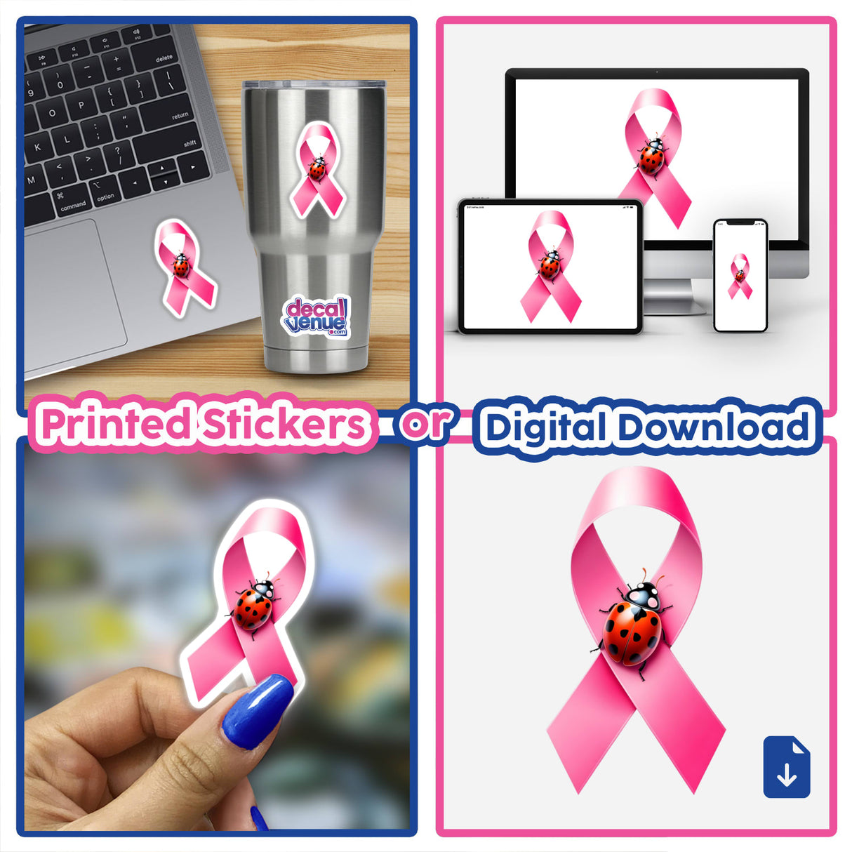 Ladybug Pink Ribbon Breast Cancer-2 features a ladybug on a pink ribbon, depicted in a collage with various digital settings, available as stickers or digital artwork.