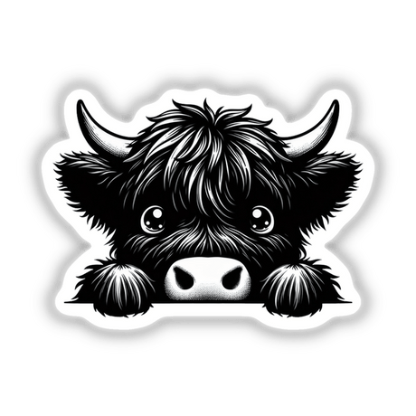 Peeking Highland Cow sticker or digital artwork featuring a charming cow with tufted hair peeking playfully, capturing the essence of Decal Venue's unique vinyl and digital art offerings.