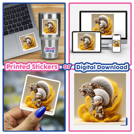 African Tribal Warrior depicted in a collage featuring a cartoon character interacting with a cheetah, available as stickers or digital artwork, highlighting Decal Venue's unique vinyl offerings.