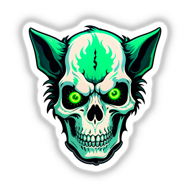 A Hybrid Human Dog Skull cartoon featuring green eyes, available as unique vinyl stickers or digital artwork, showcasing Decal Venue's distinctive illustration style.