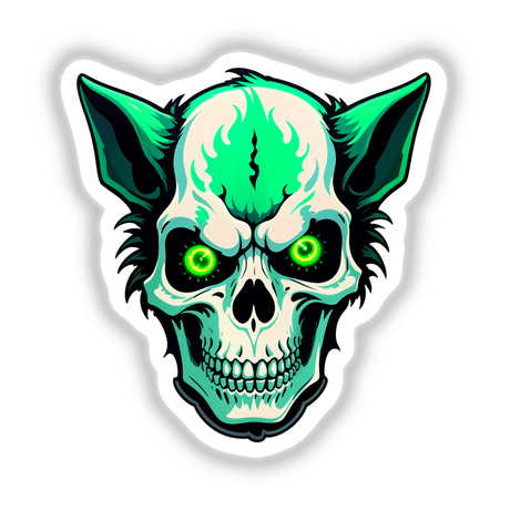 A Hybrid Human Dog Skull cartoon featuring green eyes, available as unique vinyl stickers or digital artwork, showcasing Decal Venue's distinctive illustration style.