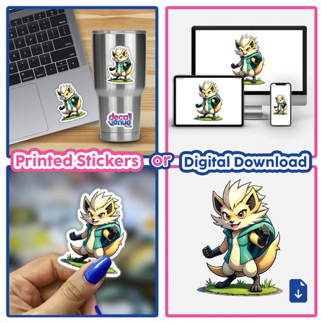 Furry Fighter - Shadow Striker The Hedgehog depicted in a collage, showcasing digital artwork on a computer and laptop, highlighting its availability as stickers or digital art from Decal Venue.