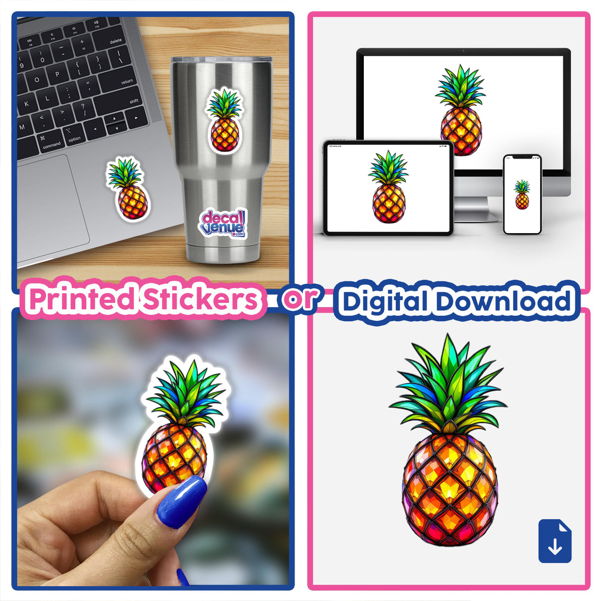 Pineapple Stained Glass Style sticker on a laptop, featuring a vibrant design with geometric patterns. Available as a sticker or digital artwork from Decal Venue, specializing in unique decorative pieces.