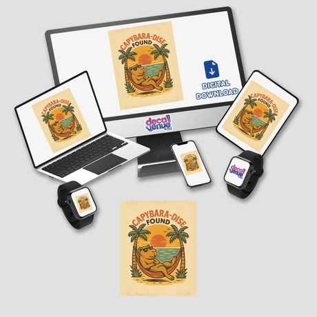 Capybara-Dise Found Sticker or Clipart features a whimsical cartoon capybara lounging in a tropical hammock, perfectly capturing a playful pun design, available for commercial use.