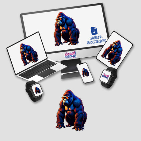 A Cool Gorilla depicted on screens, including a laptop and monitor, featuring a cartoon gorilla wearing sunglasses, available as unique stickers or digital artwork from Decal Venue.