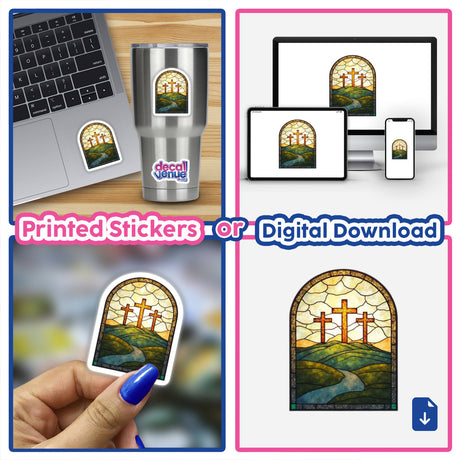 Stained Glass Three Crosses Clipart with Commercial Rights & Christian Sticker featured in a collage, highlighting a laptop with a sticker and a stained glass window with three crosses.