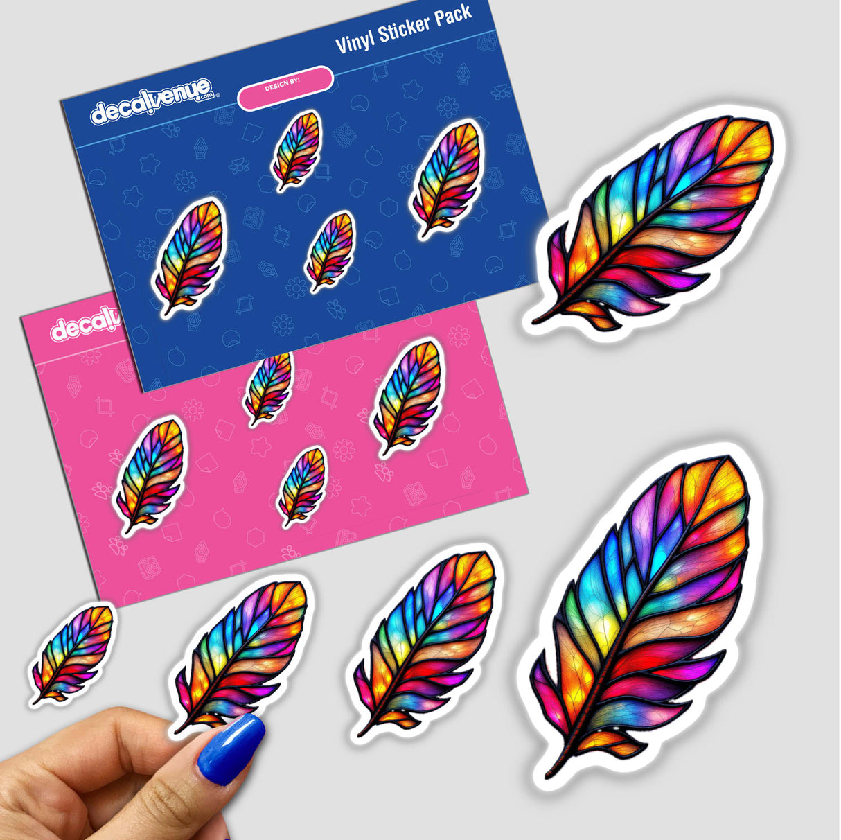 Feather Stained Glass Style sticker featuring intricate feather designs, perfect for art enthusiasts. Available as a sticker or digital artwork, showcasing unique graphic design from Decal Venue.
