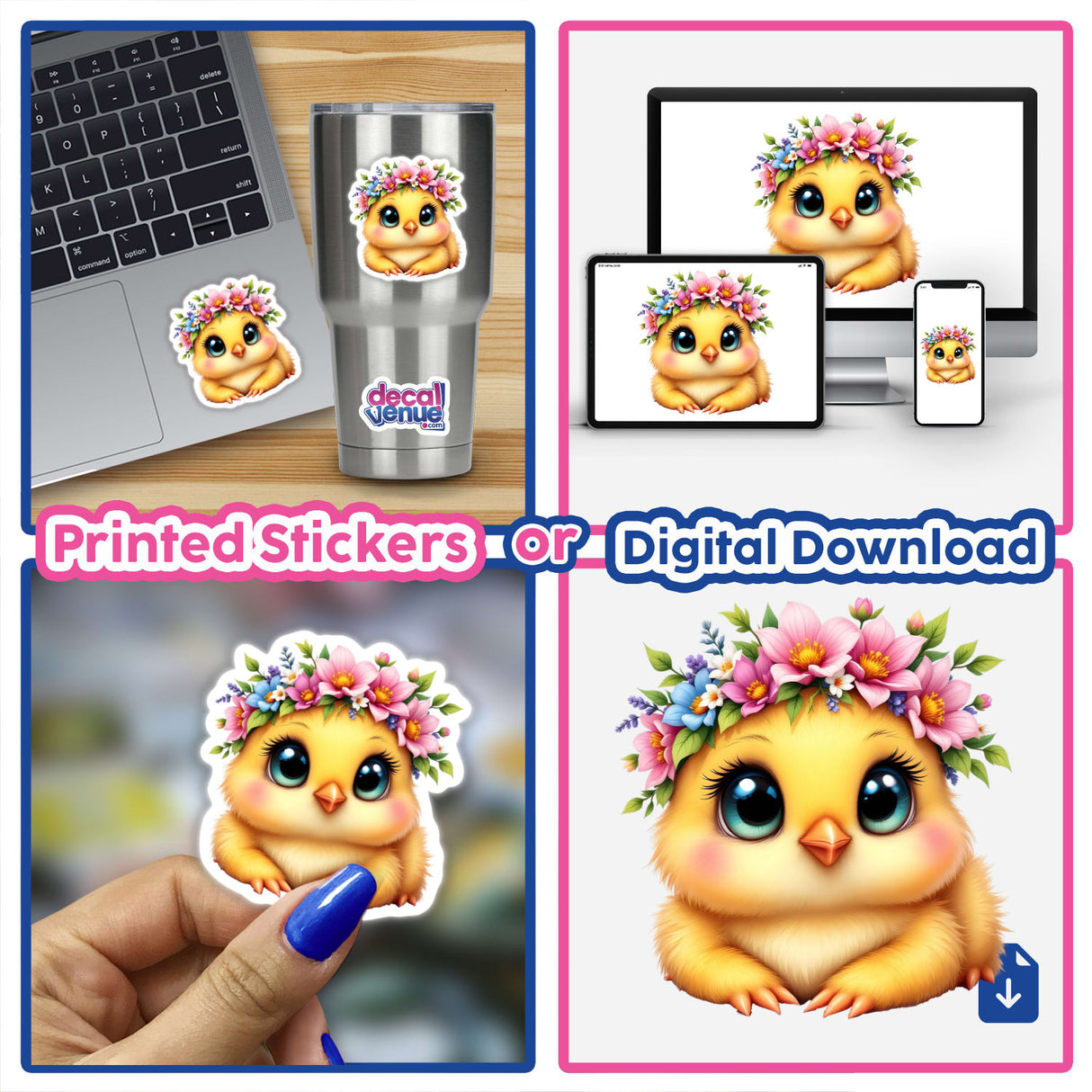 Cute Chick Wearing a Floral Crown depicted in a collage of cartoon birds featuring flower crowns, offered as stickers or digital artwork, ideal for adding charm to your space.
