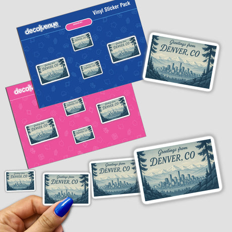 Greetings from Denver Postcard Sticker or Clipart with Commercial Rights features a retro illustration of Union Station, available as stickers or digital artwork, reflecting Decal Venue's unique vinyl and digital art offerings.