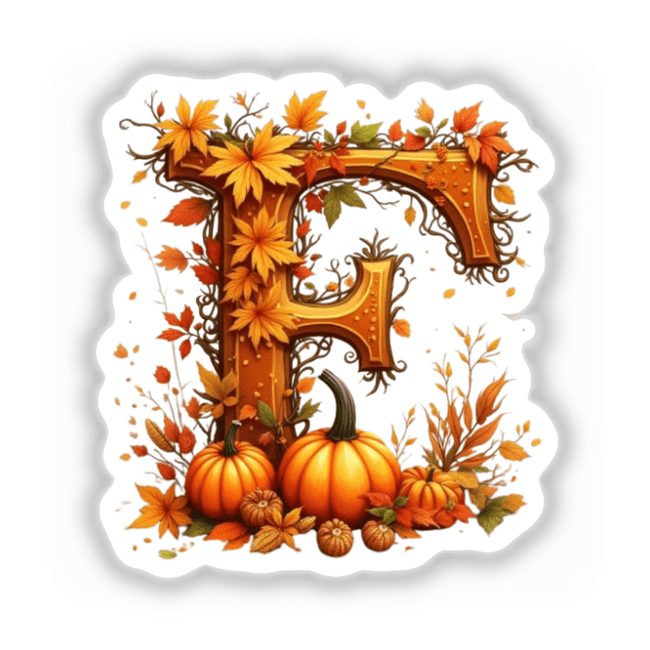 Fall Aesthetic Letter F Clipart | Stickers or Download with Commercial Rights features pumpkins, leaves, and vines. Ideal for seasonal decoration, available as stickers or digital art for commercial use.