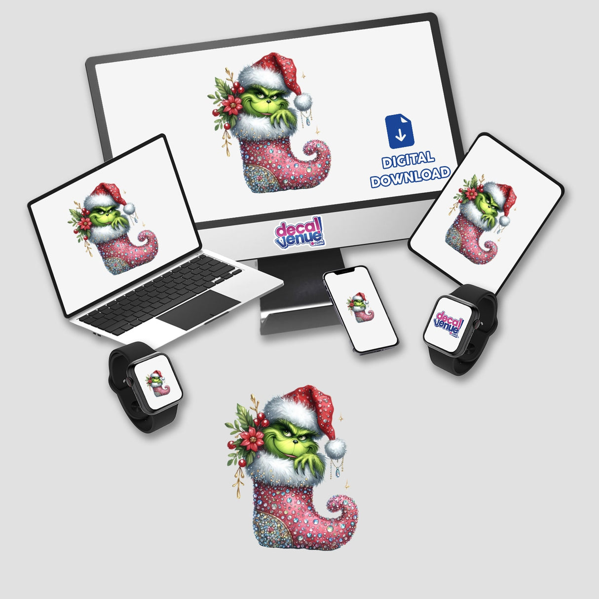 Green Grouch Santa in Sparkly Christmas Stocking Boot digital artwork displayed on a computer monitor, laptop, and phone screen, available as stickers or digital art from Decal Venue.