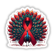 Peacock Red Ribbon AIDS Awareness sticker or digital artwork featuring a detailed illustration of a peacock adorned with a red ribbon, symbolizing support and awareness. Perfect for unique decoration or digital use.
