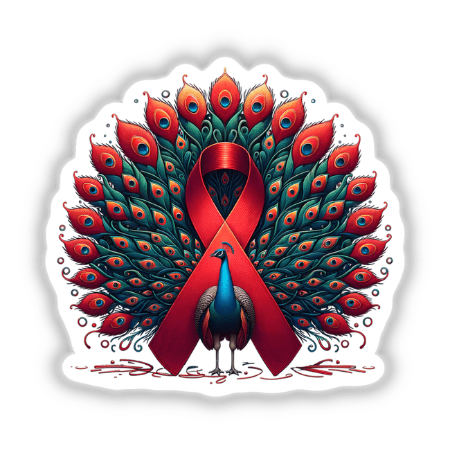 Peacock Red Ribbon AIDS Awareness sticker or digital artwork featuring a detailed illustration of a peacock adorned with a red ribbon, symbolizing support and awareness. Perfect for unique decoration or digital use.