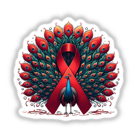 Peacock Red Ribbon AIDS Awareness sticker or digital artwork featuring a detailed illustration of a peacock adorned with a red ribbon, symbolizing support and awareness. Perfect for unique decoration or digital use.