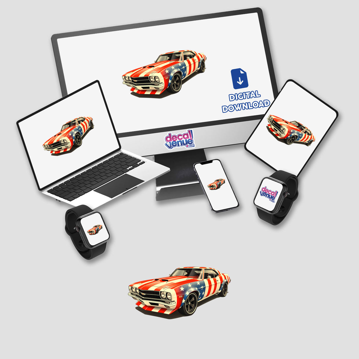 A Cool American Flag Muscle Car depicted on a computer screen and laptop, available as unique stickers or digital artwork from Decal Venue, showcasing dynamic racing imagery.