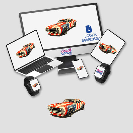 A Cool American Flag Muscle Car depicted on a computer screen and laptop, available as unique stickers or digital artwork from Decal Venue, showcasing dynamic racing imagery.