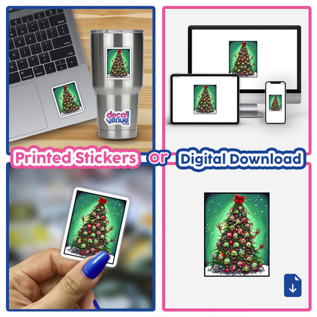 Collage featuring Oh Zombie Tree stickers on a laptop and digital artwork, highlighting the unique blend of holiday and edgy themes from Decal Venue's creative sticker collection.