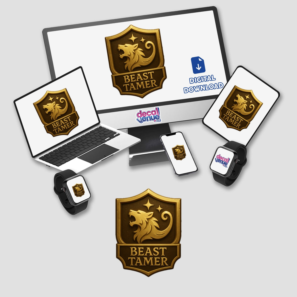 Beast Tamer – RPG-Style Skill Badge (Gold Enchanted Crest) featuring intricate, fantasy-inspired design, perfect for fans of role-playing games, available as stickers or digital artwork from Decal Venue.