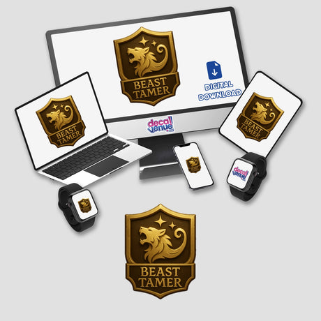 Beast Tamer – RPG-Style Skill Badge (Gold Enchanted Crest) featuring intricate, fantasy-inspired design, perfect for fans of role-playing games, available as stickers or digital artwork from Decal Venue.