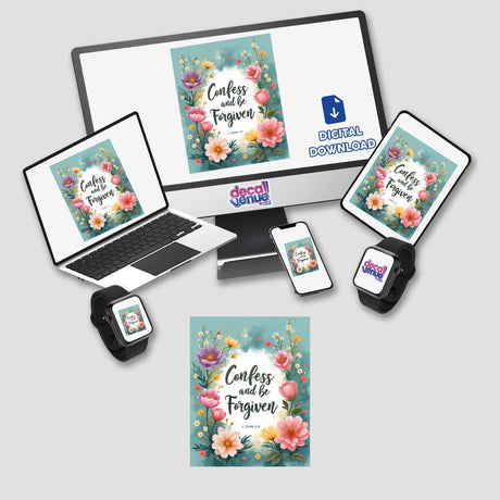 Fauvist Spring Buttercup “Confess and Be Forgiven” 1 John 1:9 Sticker or Clipart, featuring vibrant flower designs on computer and laptop screens, available as a unique decal or digital artwork.