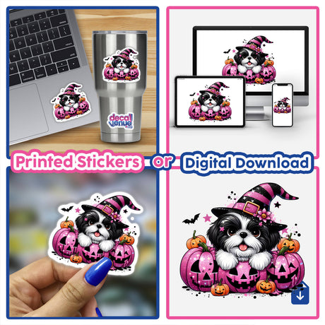 Collage of Shih Tzu dog w/ pink & black glitter Halloween pumpkins as stickers on a laptop, cup, and held by hand.