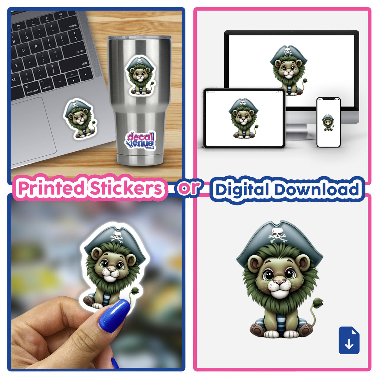 Pirate Lion with Skull Hat and Striped Outfit featured as a vinyl sticker or digital artwork, showcasing a cartoon lion wearing a pirate hat with a skull emblem, perfect for unique decor.