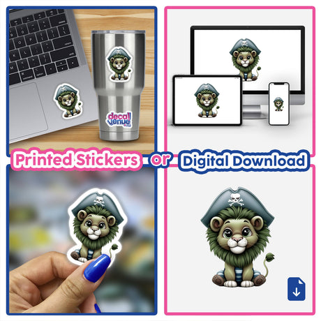Pirate Lion with Skull Hat and Striped Outfit featured as a vinyl sticker or digital artwork, showcasing a cartoon lion wearing a pirate hat with a skull emblem, perfect for unique decor.