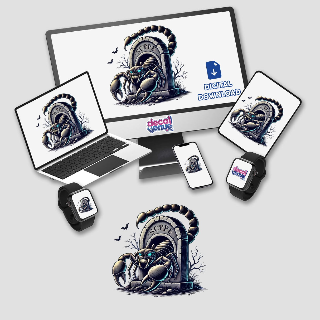 Digital artwork featuring a Halloween-themed scorpion peeking out of a tombstone, created by DecalVenue, a store offering unique stickers and digital art.