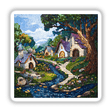 Enchanted Forest and Village Mosaic sticker or digital artwork features a detailed scene with a house, river, trees, and a village, perfect for adding unique charm to any space.
