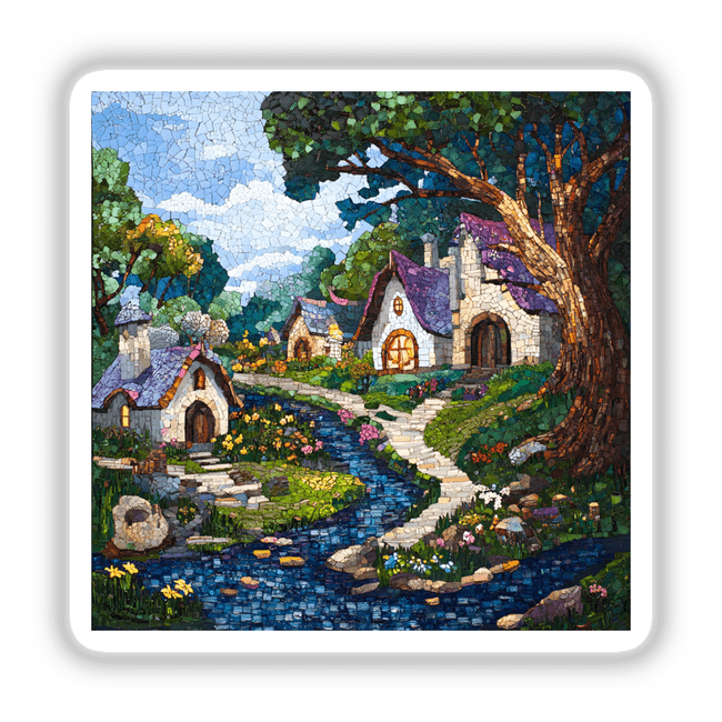 Enchanted Forest and Village Mosaic sticker or digital artwork features a detailed scene with a house, river, trees, and a village, perfect for adding unique charm to any space.