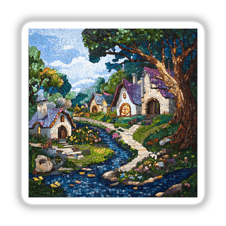 Enchanted Forest and Village Mosaic sticker or digital artwork features a detailed scene with a house, river, trees, and a village, perfect for adding unique charm to any space.