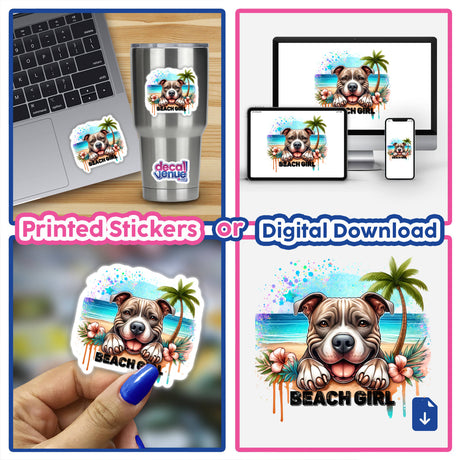 Vibrant digital artwork depicting a happy Pitbull dog enjoying a sunny beach scene, surrounded by palm trees and ocean waves. The image is showcased on various products including a laptop, phone, and sticker. The product is available as a printed sticker or digital download, ideal for expressing your style.