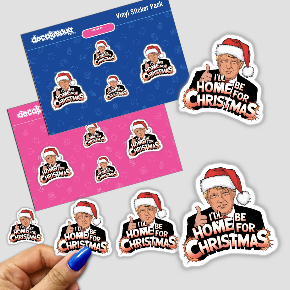 Trump in Santa Hat, I'll be home for Christmas MAGA II sticker features cartoon-style images of a man wearing a Santa hat, capturing a festive and playful theme, available as stickers or digital artwork.