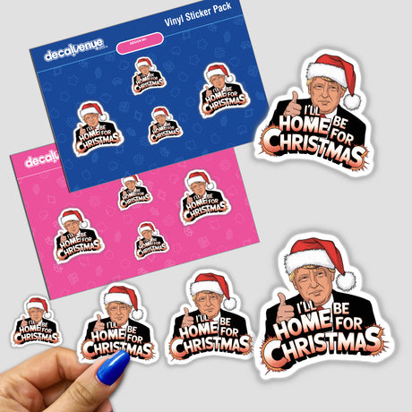 Trump in Santa Hat, I'll be home for Christmas MAGA II sticker features cartoon-style images of a man wearing a Santa hat, capturing a festive and playful theme, available as stickers or digital artwork.