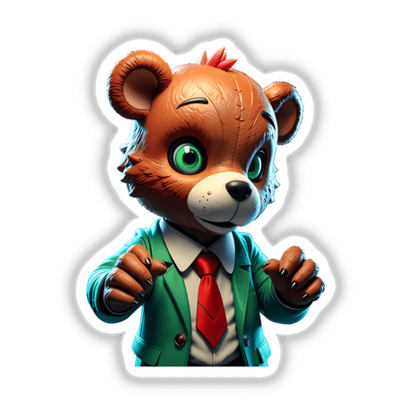 A Macabre Scary Bear cartoon character, depicted in a suit and tie, available as stickers or digital artwork. The bear features green eyes, a black nose, and a red tie.