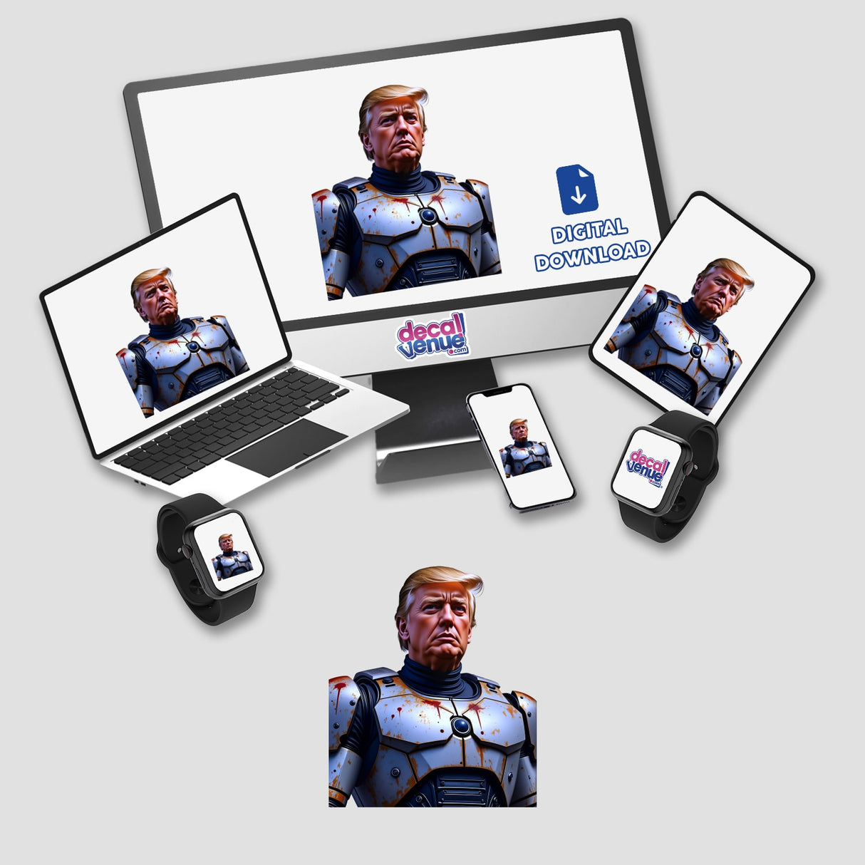 Futuristic President Donald Trump depicted on electronic devices, including a laptop, smartphone, and smartwatch, available as stickers or digital artwork from Decal Venue.