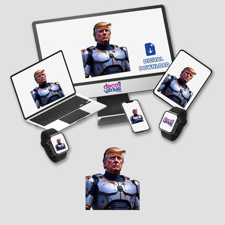 Futuristic President Donald Trump depicted on electronic devices, including a laptop, smartphone, and smartwatch, available as stickers or digital artwork from Decal Venue.