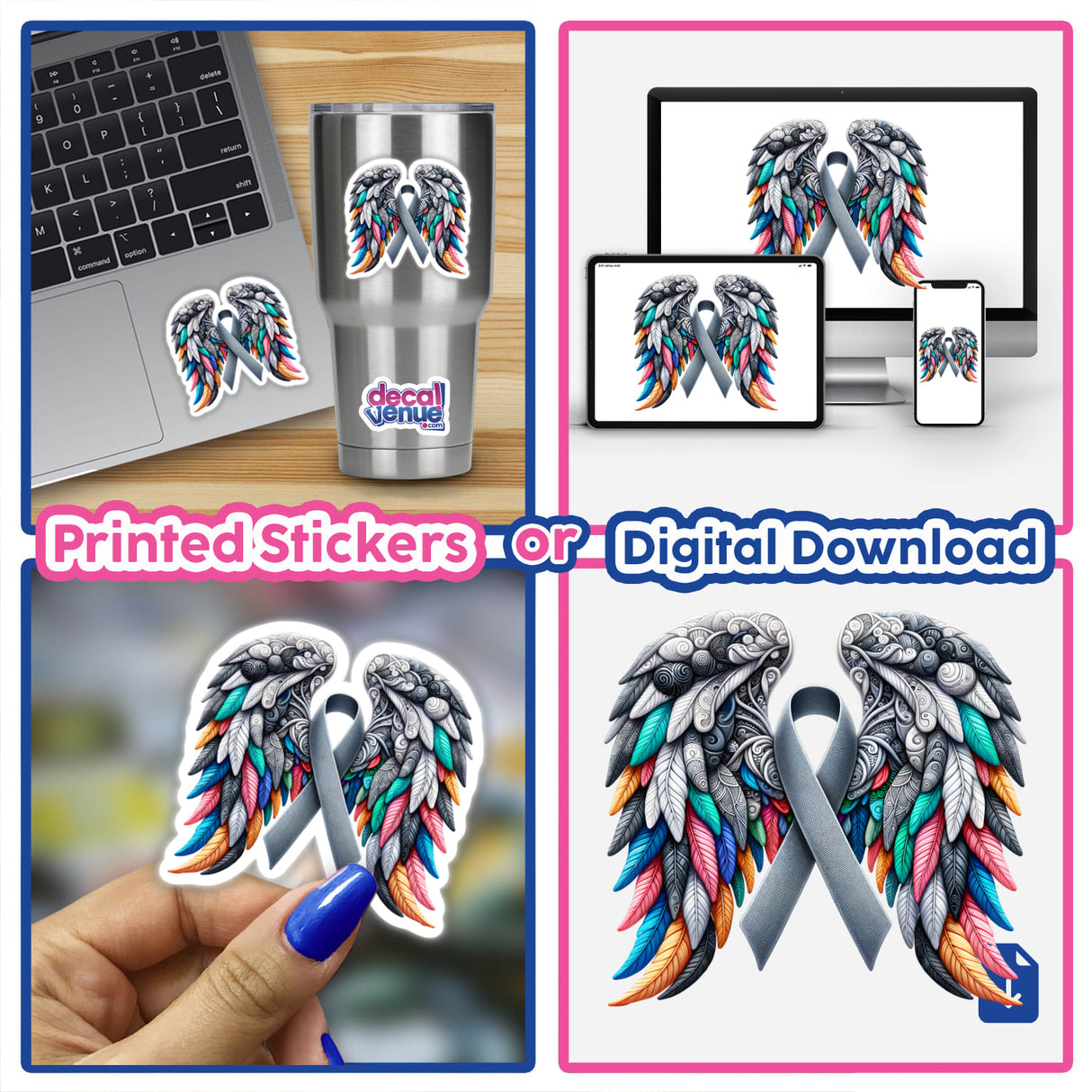 Grey Awareness Ribbon with Wings sticker collage showcases unique vinyl designs, featuring a ribbon and wings motif, available as stickers or digital downloads, aligning with Decal Venue's artistic collection.